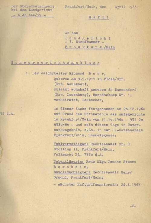 Akt oskarżenia przeciwko Richardowi Baerowi i innym (pierwsza strona), kwiecień 1963 rok