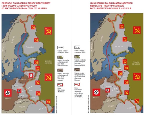 Podział Polski i Europy Środkowo-Wschodniej na podstawie niemiecko-sowieckiego porozumienia z 1939 r. (grafika z książki M. Korkucia Walcząca Rzeczpospolita 1939–1945)