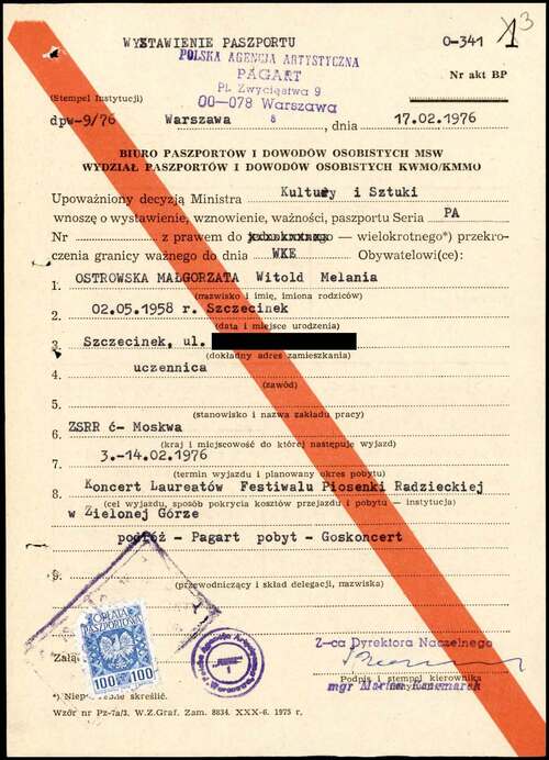 Wniosek o wydanie Małgorzacie Ostrowskiej paszportu na wyjazd do ZSRS w 1976 r., dokument z akt paszportowych (z zasobu IPN)