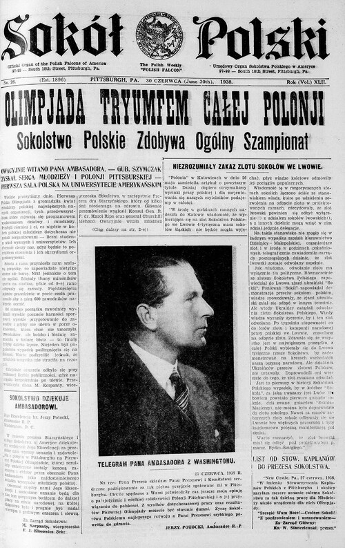 Artykuł pt. „Olimpiada tryumfem całej Polonji” opublikowany na łamach magazynu „Sokół Polski. Urzędowy Organ Sokolstwa Polskiego w Ameryce”, Pittsburgh, R. XLII, z dnia 30 czerwca 1938 r. (dokument z zespołu: Archiwum Sokolstwa Polskiego w Ameryce, przechowywanego w Archiwum IPN w Warszawie)