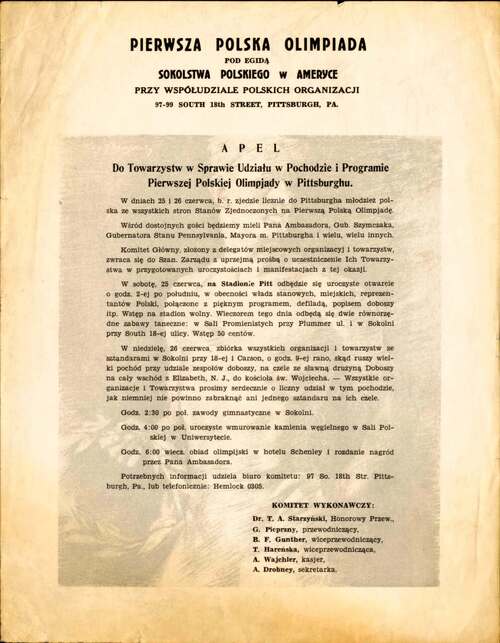 Apel Sokolstwa Polskiego w Ameryce do polskich organizacji polonijnych dotyczący udziału w Pierwszej Polskiej Olimpiadzie w Pittsburghu w dniach 25-26 czerwca 1938 r. (dokument z zespołu: Archiwum Sokolstwa Polskiego w Ameryce, przechowywanego w Archiwum IPN w Warszawie)