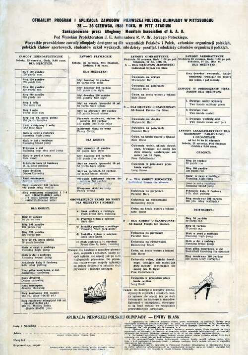 Program Pierwszej Polskiej Olimpiady w Pittsburghu, 1938 r. (dokument z zespołu: Archiwum Sokolstwa Polskiego w Ameryce, przechowywanego w Archiwum IPN w Warszawie)