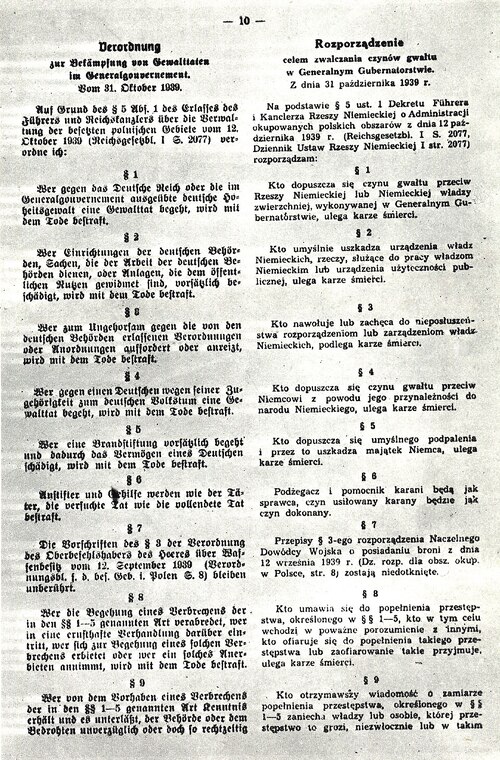 Wykaz czynów karanych śmiercią w zarządzeniu Hansa Franka z 31 października 1939 r. (domena publiczna)