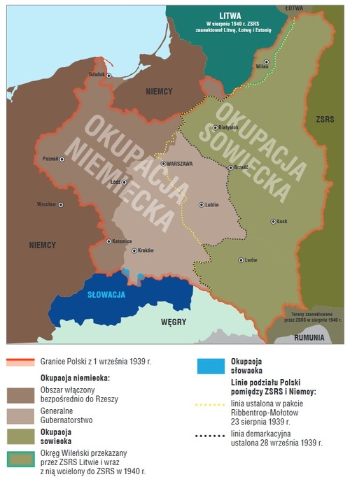 Okupacja terytorium RP w latach 1939–1941. Fot. z książki M. Korkucia "Walcząca Rzeczpospolita 1939–1945", rys. Tomasz Ginter