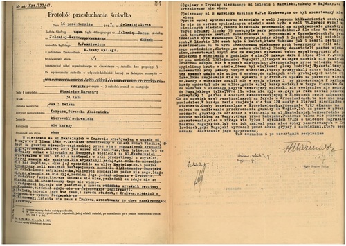 Zeznanie Stanisława Marusarza złożone w 1947 r. przed sędzią śledczym Sądu Okręgowego w Jeleniej Górze. Dokument pochodzi z akt wytworzonych przez Okręgową Komisję Badania Zbrodni Niemieckich w Krakowie w sprawie Josefa Bühlera, sekretarza stanu i szefa rządu Generalnego Gubernatorstwa, sądzonego przez Najwyższym Trybunałem Narodowym i skazanego na karę śmierci w 1948 r. (z zasobu AIPN)