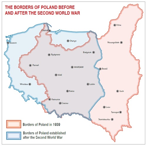 The borders of Poland before and after the Second World War (graphic from M. Korkuć’s book <i>The Fighting Republic of Poland 1939–1945</i>)