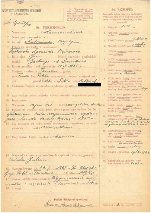 Karta daktyloskopijna z odciskami palców Antoniny Niemczur, wykonana 28 października 1948 r. w Powiatowym Urzędzie Bezpieczeństwa Publicznego w Tarnowie (z zasobu AIPN)
