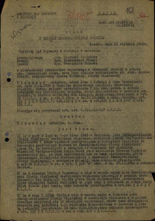 Wyrok Wojskowego Sądu Rejonowego w Krakowie wydany 12 stycznia 1949 r. w sprawie Antoniny Niemczur oskarżonej o przekazywanie grypsów, umożliwienie ucieczki 35 więźniom, dezercję i posługiwanie się fałszywymi dokumentami (z zasobu AIPN)