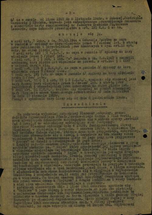 Wyrok Wojskowego Sądu Rejonowego w Krakowie wydany 12 stycznia 1949 r. w sprawie Antoniny Niemczur oskarżonej o przekazywanie grypsów, umożliwienie ucieczki 35 więźniom, dezercję i posługiwanie się fałszywymi dokumentami (z zasobu AIPN)