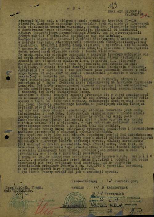 Wyrok Wojskowego Sądu Rejonowego w Krakowie wydany 12 stycznia 1949 r. w sprawie Antoniny Niemczur oskarżonej o przekazywanie grypsów, umożliwienie ucieczki 35 więźniom, dezercję i posługiwanie się fałszywymi dokumentami (z zasobu AIPN)