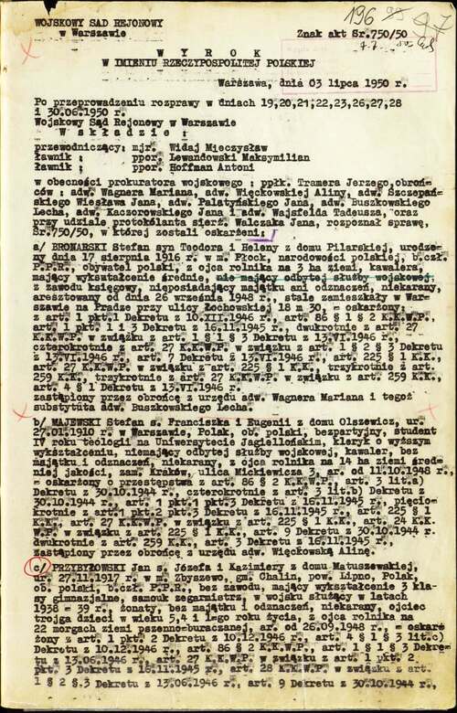 Pierwsza strona wyroku Wojskowego Sądu Rejonowego w Warszawie z 3 VII 1950 r. (z zasobu IPN)