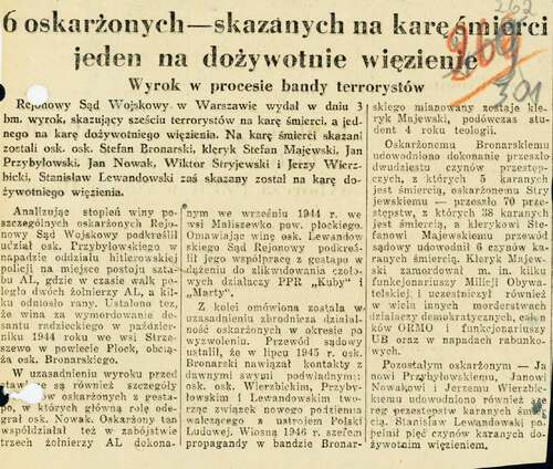 Jeden z artykułów prasowych, prawdopodobnie z „Trybuny Ludu”, donoszących o przebiegu i zakończeniu procesu członków komendy 11. Grupy Operacyjnej NSZ (NZW), lipiec 1950 r. (z zasobu IPN)