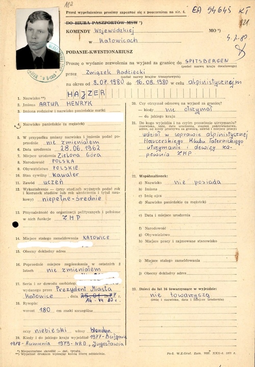 Kwestionariusz paszportowy Artura Hajzera, wypełniony przed wyprawą na Spitzbergen w 1980 r., 28 IV 1980 r.