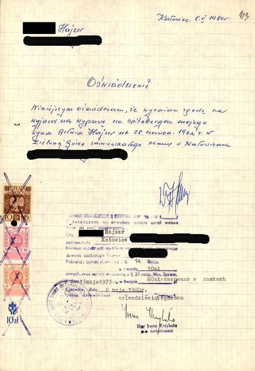 Zgoda Heleny Hajzer, mamy Artura, na jego udział w wyprawie na Spitzbergen, 8 V 1980 r.