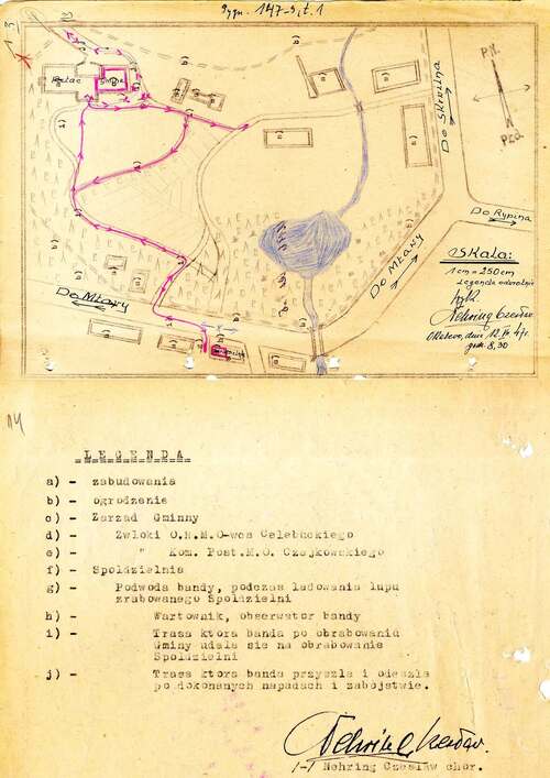 Szkic sytuacyjny przedstawiający przebieg wydarzeń mających miejsce w Okalewie 12 lipca 1947 r., przygotowany przez chor. Czesława Nehringa, funkcjonariusza KWMO w Bydgoszczy (z zasobu IPN)