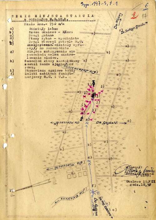 „Szkic miejsca starcia z oddziałem M.O. i U.B.” w lasach pod Okalewem 12 VII 1947 r., przygotowany przez chor. Czesława Nehringa, funkcjonariusza KWMO w Bydgoszczy (z zasobu IPN)