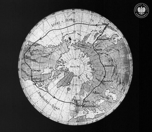 Mapa przedstawiająca lot LZ 127 Graf Zeppelin dookoła świata, który odbył się w dniach 7 - 29 sierpnia 1929 r. Fot. z zasobu IPN