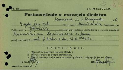 Postanowienie o wszczęciu śledztwa przeciwko K. Moczarskiemu z 3 listopada 1950 r., podpisane przez Jerzego Kaskiewicza. Ten oficer UB był jednym z oprawców torturujących „Rafała” w czasie przesłuchań poprzez: „wyrywanie włosów”, „przypalanie”, „miażdżenie palców stóp”, „kopanie nóg i korpusu ciała” (informacje te znajdują się w piśmie Moczarskiego do Najwyższej Prokuratury Wojskowej wysłanym z więzienia w Sztumie i zostały później opublikowane w jego „Zapiskach”, w oprac. Andrzeja K. Kunerta)