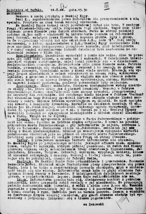 Meldunek „Borodzicza” do „Rafała” (Kazimierza Moczarskiego) z 14 sierpnia 1944 r. o sytuacji na warszawskiej Pradze. Pseudonimem „Borodzicz” posługiwał się Aleksander Gieysztor, historyk, po wojnie jeden z najwybitniejszych mediewistów polskich (z zasobu IPN)