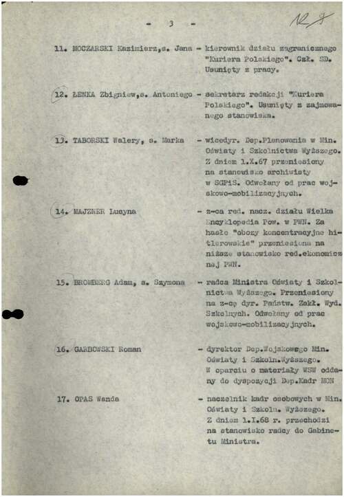 Wykaz osób zwolnionych lub przeniesionych z odpowiedzialnych stanowisk państwowych po roku 1967 zawierający informację o usunięciu Kazimierza Moczarskiego z pracy w „Kurierze Polskim” (z zasobu IPN)