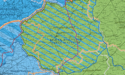 <i>Bezirk Bialystok</i> (pl. Okręg Białostocki – niemiecka jednostka administracyjna okupowanych ziem polskich) we fragmencie mapy „Polska 1939-1945 – podziały administracyjne” (wyd. IPN, 2013)