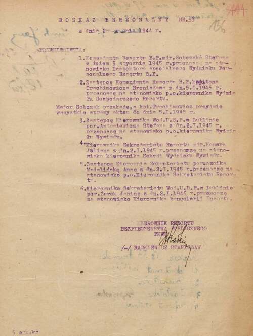 Rozkaz personalny z 28 grudnia 1944 r., na mocy którego Stefan Antosiewicz został wyznaczony na stanowisko p.o. kierownika Wydziału Wywiadu MBP (z zasobu AIPN)