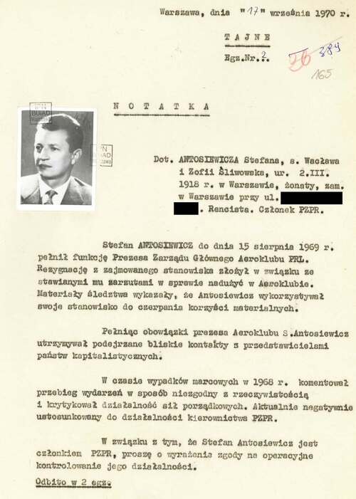 Notatka z 17 września 1970 r. informująca o objęciu Stefana Antosiewicza inwigilacją przez SB (z zasobu AIPN)