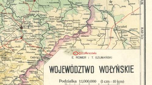 Okolice wsi Maraczówka (za wschodnią granicą) we fragmencie mapy woj. wołyńskiego z 1930, z wykorzystaniem fragmentu mapy WIG z 1931 r. (ze zbiorów Biblioteki Narodowej)