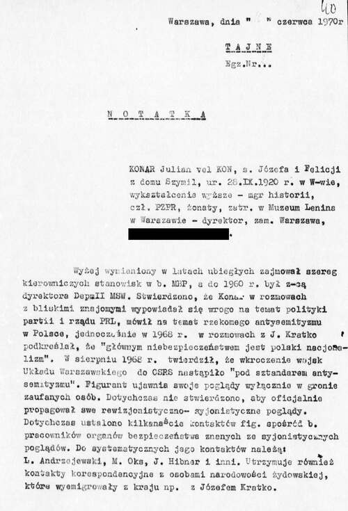 Fragment notatki SB z 16 czerwca 1970 r. na temat Juliana Konara (z zasobu AIPN)