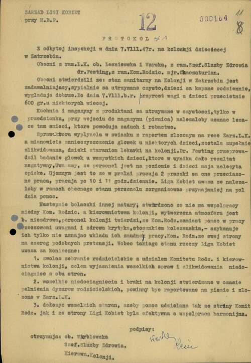 Protokół z inspekcji kolonii letnich w Zatrzebiu z 7 sierpnia 1947 r. (z zasobu AIPN)