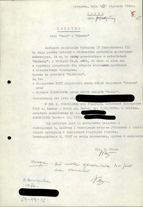 Notatka z 12 stycznia 1984 r. dotycząca Mieczysława Voita i Barbary Horowianki (z zasobu AIPN)