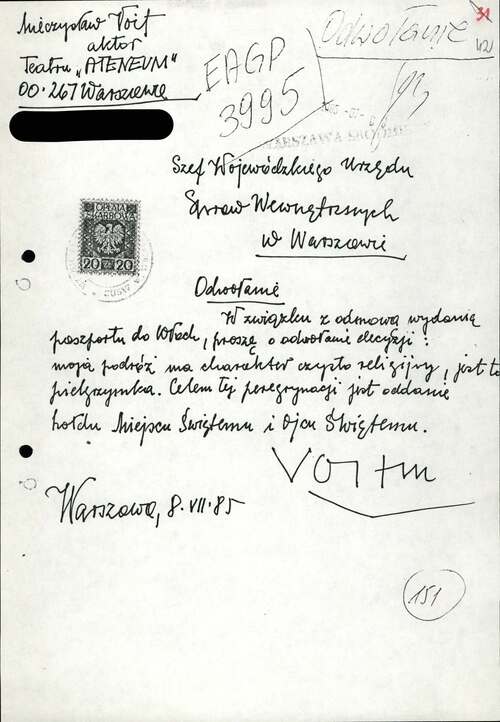 Odwołanie Mieczysława Voita do szefa WUSW w Warszawie z 8 lipca 1985 r. (z zasobu AIPN)