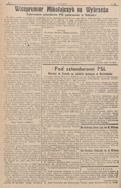 Obszerna relacja prasowa z uroczystości poświęcenia sztandarów PSL w Gdańsku z „Gazety Ludowej” z 5 sierpnia 1946 r. przedrukowana w krakowskim „Piaście” z 18 sierpnia 1946 r. (Jagiellońska Biblioteka Cyfrowa)