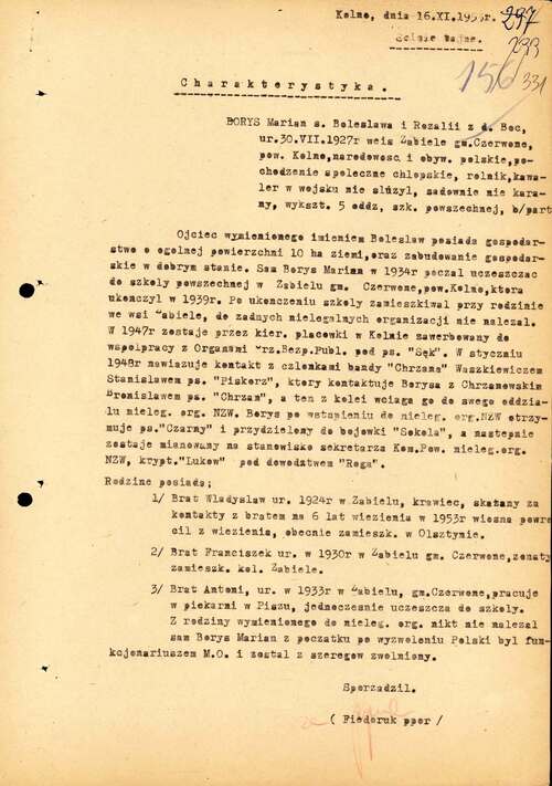 Charakterystyka Mariana Borysa, przygotowana przez podporucznika Mikołaja Fiedoruka, funkcjonariusza WUBP w Białymstoku. Kolno, 16 listopada 1953 roku