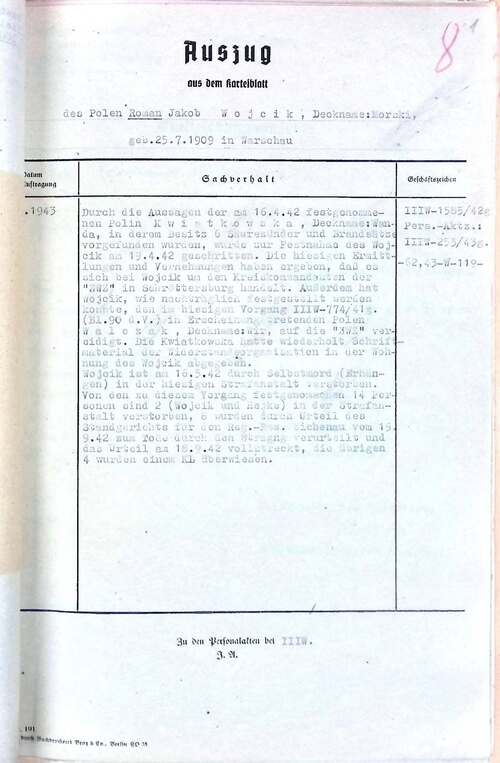 Wyciąg ze śledztwa ws. Romana Wójcika wraz z informacją o jego zgonie w dniu 16 maja 1942 roku
