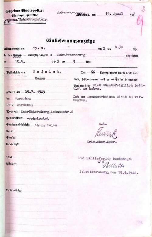 Potwierdzenie zatrzymania Romana Wójcika przez niemieckie służby w dniu 19 kwietnia 1942 r. o godz. 4:30 w jego mieszkaniu przy ul. Ostatniej 6 w Płocku