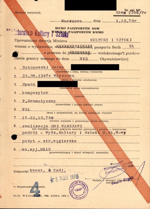 Wniosek do Biura Paszportów i Dowodów Osobistych MSW dotyczący wydania Jerzemu Satanowskiemu paszportu na wyjazd na Węgry. Warszawa, 4 października 1979 rok