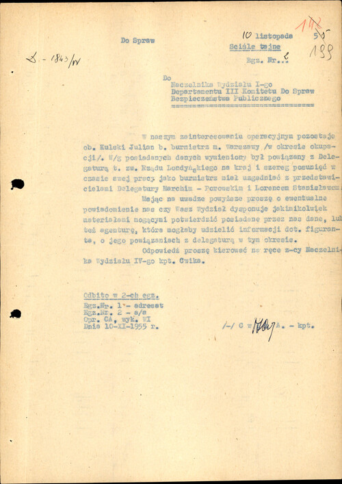 Pismo zastępcy Naczelnika WUdsBP Aleksandra Ćwika do Naczelnika Wydz. I Dep. III Komitetu ds. Bezpieczeństwa Publicznego, 10 listopada 1955 r. (z zasobu AIPN)