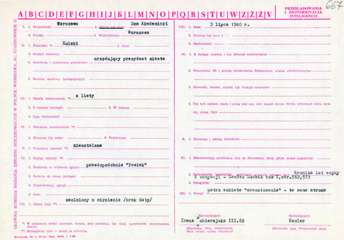 Ankieta Głównej Komisji Badania Zbrodni Hitlerowskich w Polsce dotycząca aresztowania, osadzenia i zwolnienia z więzienia na Pawiaku Juliana S. Kulskiego (z zasobu AIPN)