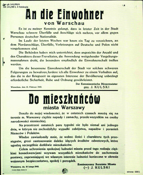 Odezwa Komisarycznego Burmistrza Miasta Warszawy - Juliana Kulskiego – do mieszkańców Warszawy, 10 lutego 1943 r. (z zasobu AIPN)