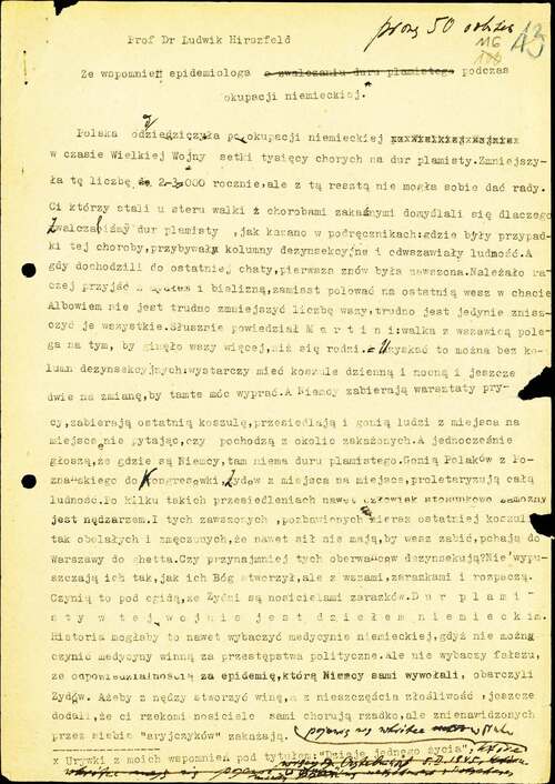 Pierwsza strona relacji Ludwika Hirszfelda „Ze wspomnień epidemiologa w czasie okupacji niemieckiej” (z zasobu AIPN)