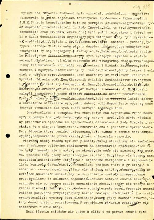 Fragment relacji Ludwika Hirszfelda, w której wymieniono nazwiska niektórych współpracujących z nim lekarzy warszawskiego getta (z zasobu AIPN)