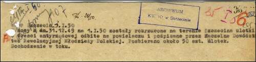Notatka z 3 stycznia 1950 r. informująca o rozrzuceniu na terenie Szczecina ulotek w nocy z 31 grudnia 1949 r. na 1 stycznia 1950 r. (z zasobu AIPN)