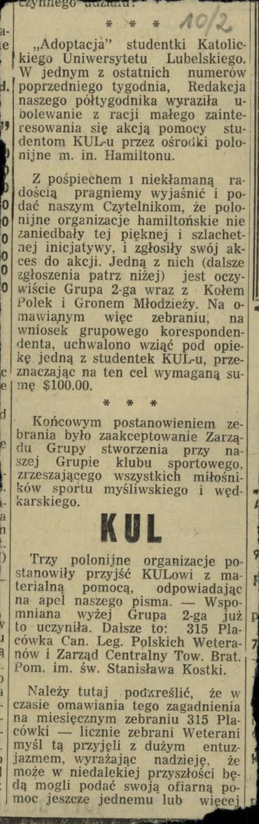Sprawa operacyjnego sprawdzenia prowadzona przez funkcjonariuszy MBP-KdsBP-MSW w Lublinie. Materiały na studentów: Bareła Lucyna i inni, koperta z wycinkami prasowymi, wycinek z gazety „Związkowiec”, Toronto, ok. 1957 r. (z zasobu IPN)