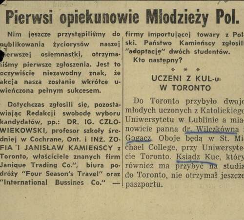 Sprawa operacyjnego sprawdzenia prowadzona przez funkcjonariuszy MBP-KdsBP-MSW w Lublinie. Materiały na studentów: Bareła Lucyna i inni, koperta z wycinkami prasowymi, wycinek z gazety „Związkowiec”, Toronto, ok. 1957 r. (z zasobu IPN)