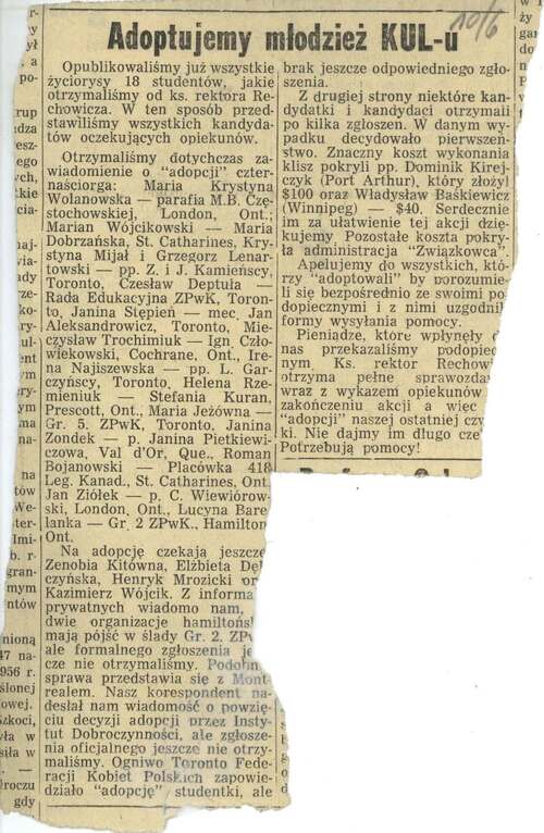 Sprawa operacyjnego sprawdzenia prowadzona przez funkcjonariuszy MBP-KdsBP-MSW w Lublinie. Materiały na studentów: Bareła Lucyna i inni, koperta z wycinkami prasowymi, urywek z gazety „Związkowiec”, Toronto, ok. 1957 r. (z zasobu IPN)