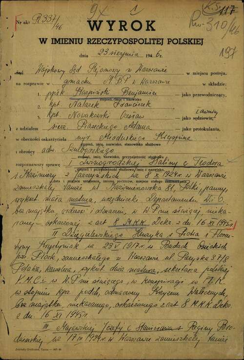 Wyrok Wojskowego Sądu Rejonowego w Warszawie, 23 sierpnia 1946 r. (z zasobu AIPN)