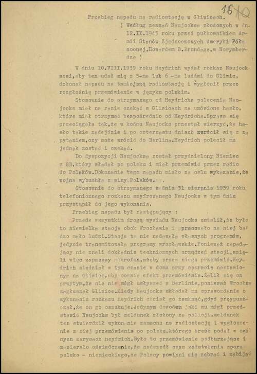 Przebieg napadu na radiostację w Gliwicach” spisany według zeznań Alfreda Naujocksa, złożonych 12 września 1945 r. w Norymberdze (z zasobu IPN)