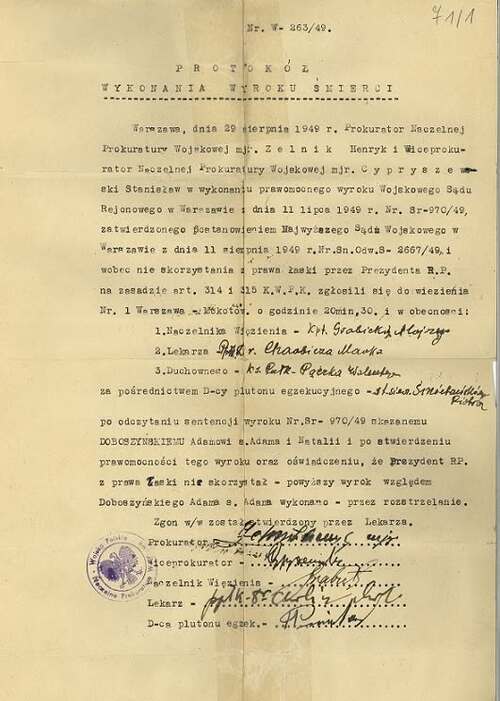 Protokół wykonania wyroku śmierci na Adamie Doboszyńskim, 29 sierpnia 1949 r. (z zasobu AIPN)