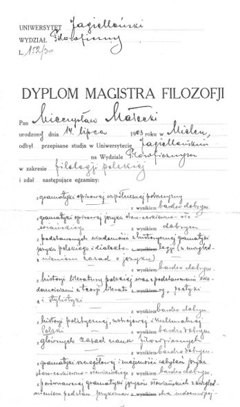 Dyplom magisterski Mieczysława Małeckiego. Fot. Archiwum rodziny Małeckich